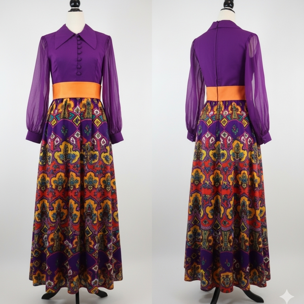 Vintage Purple Maxi Dress with Orange Accents